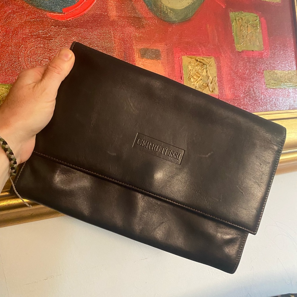 Vintage 80s Cerruti 1881 hlack leather large Foldover Clutch made in Italy